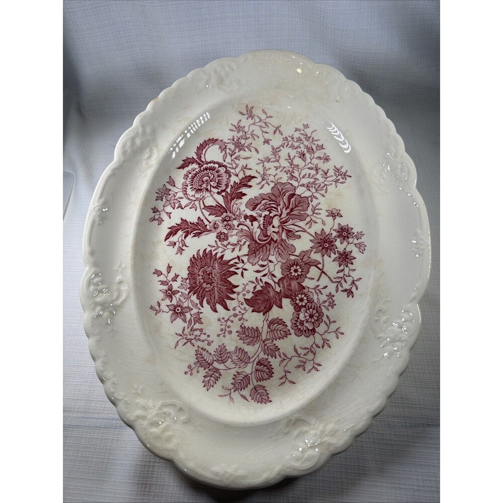 1944 Vintage Taylor Smith Taylor Center Bouquet Red Oval Serving Platter 16”x12”